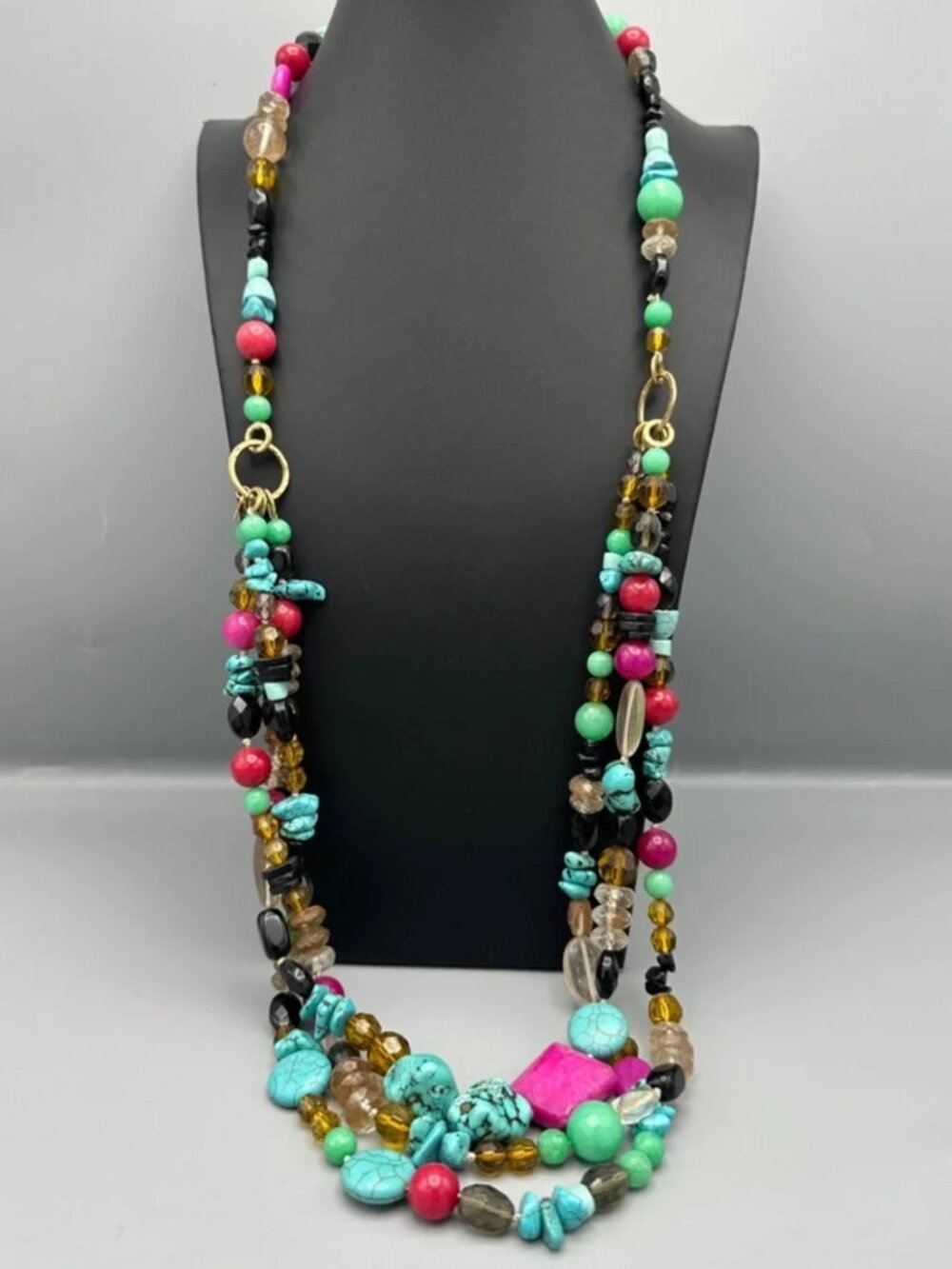 Spectacular Multi-Strand Real Turquoise & Pink Beaded Statement Necklace